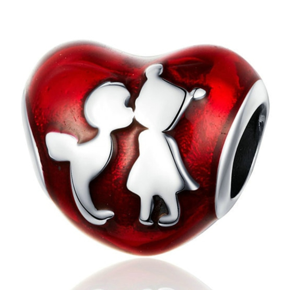 925 Sterling Silver First Kiss Red Heart Charm Bead
